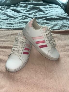 adidas White Sneakers with Light Pink and Dark Pink Stripes